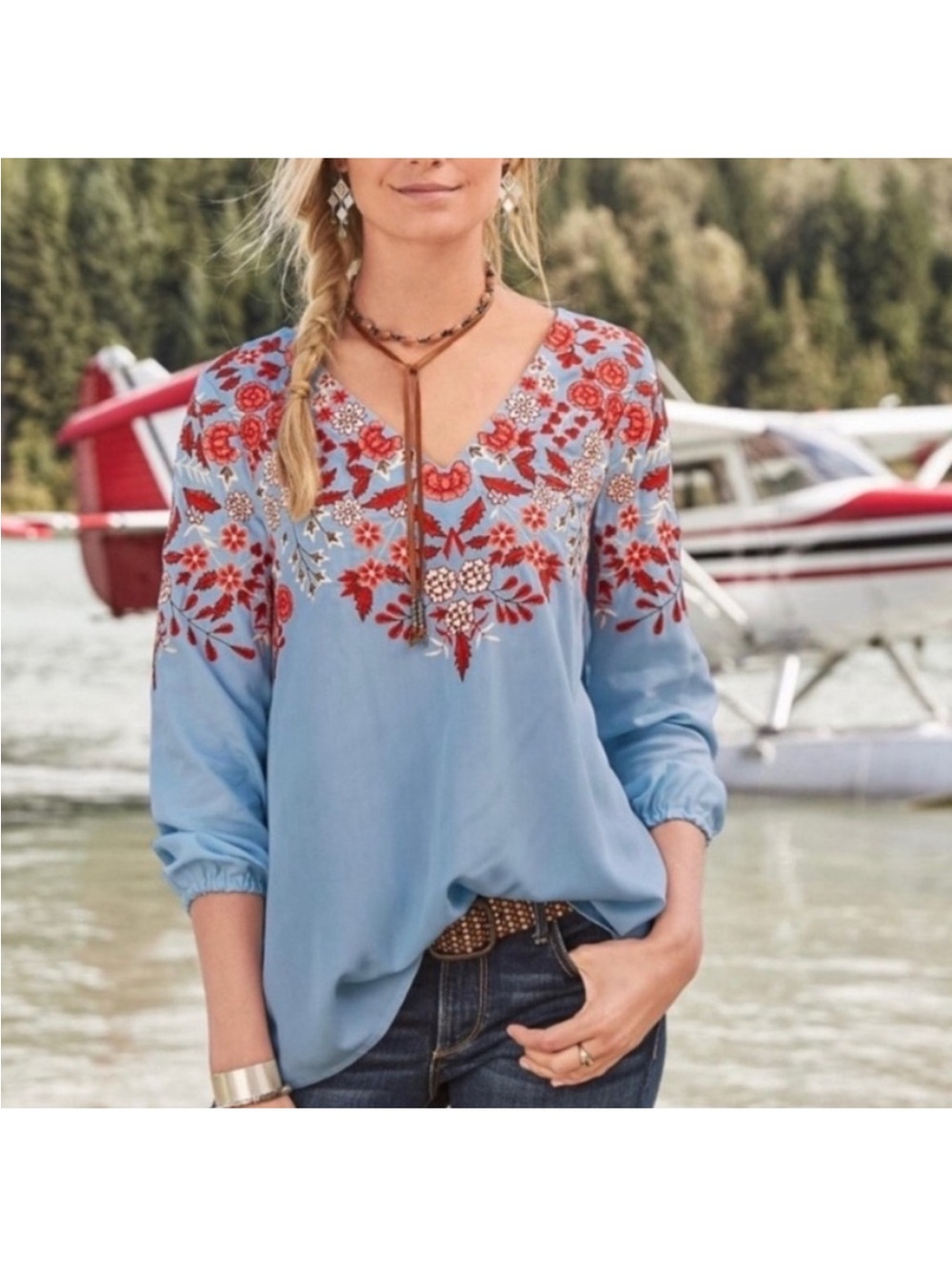 Sundance Embroidered Light Blue Floral V-Neck Top